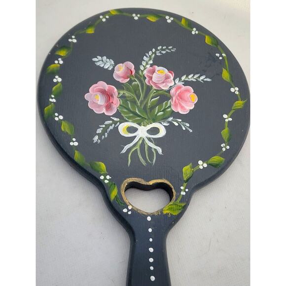 MIRROR-HAND HELD VANITY-Hand Painted-Gray-Floral-Leaves-Heart - Picture 3 of 9